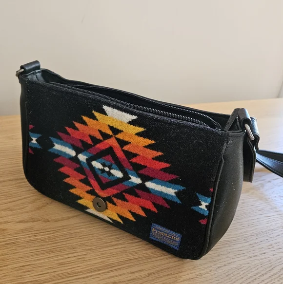 Pendleton Wool Southwestern Crossbody Bag Black Leather Aztec Boho - Picture 7 of 14